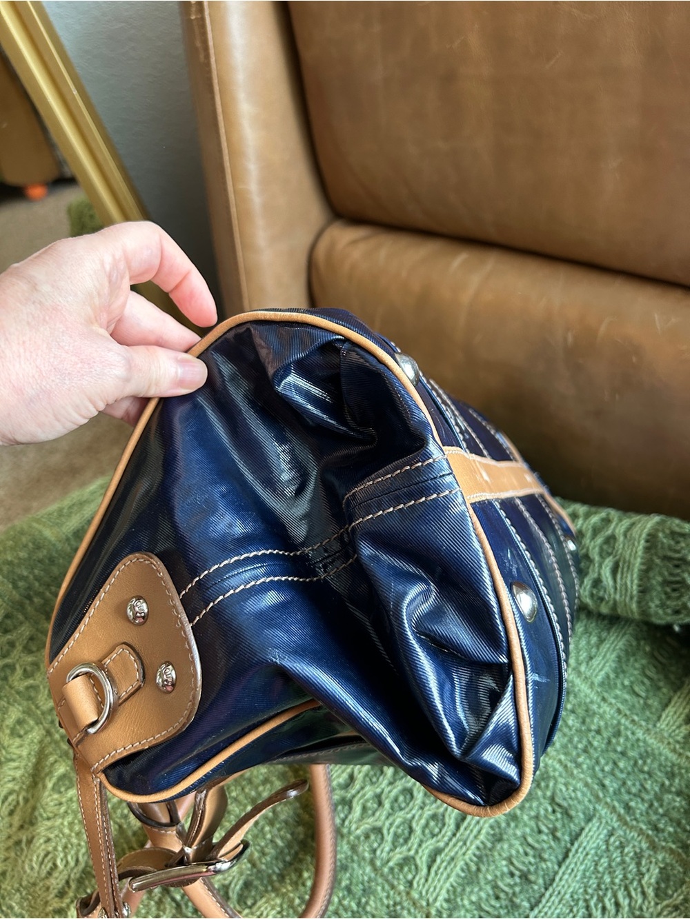 TOD’S Navy Patent Coated Canvas Satchel with Brown Leather Trim - Picture 8 of 16
